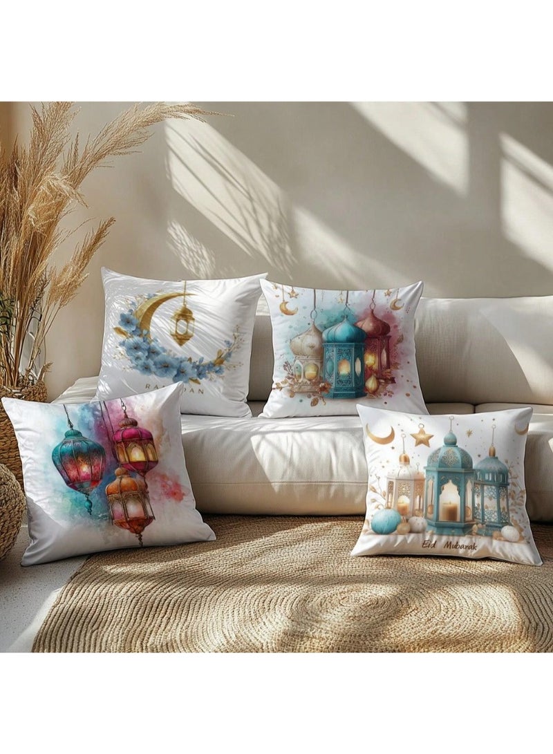 4 قطع طقم أغطية وسادة تزيينية لشهر رمضان الكريم والعيد، بتصميم مائي بسيط للقمر والفوانيس، من قماش الفلوت الناعم بألوان ساحرة، مقاس 45*45 سم، مناسبة للغرفة والأريكة وغرفة المعيشة وديكور رمضان والعيد - Image 3